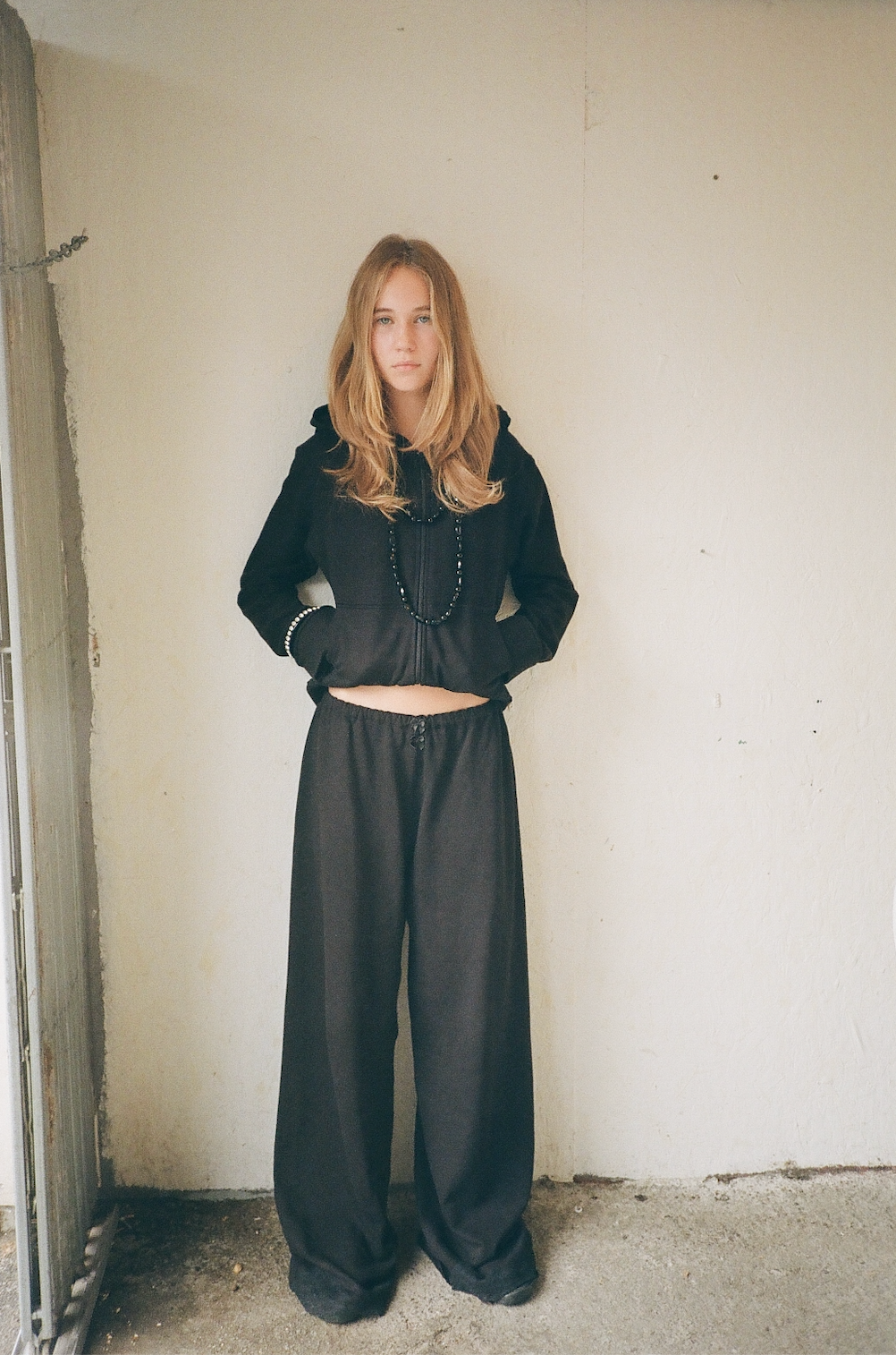 Lace zip-up hoodie in cotton, black