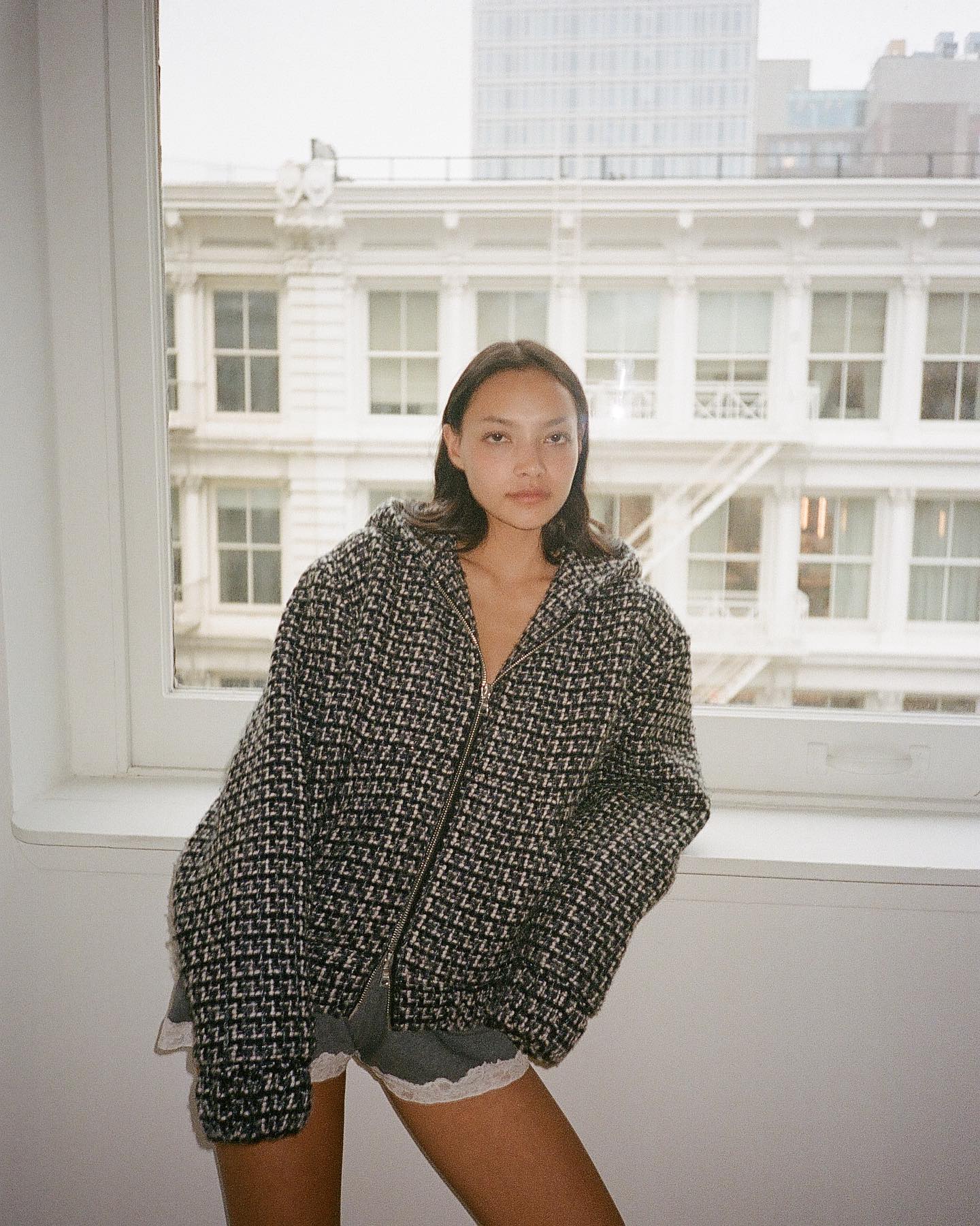 Hooded zip-up jacket in bouclé wool blend, confetti