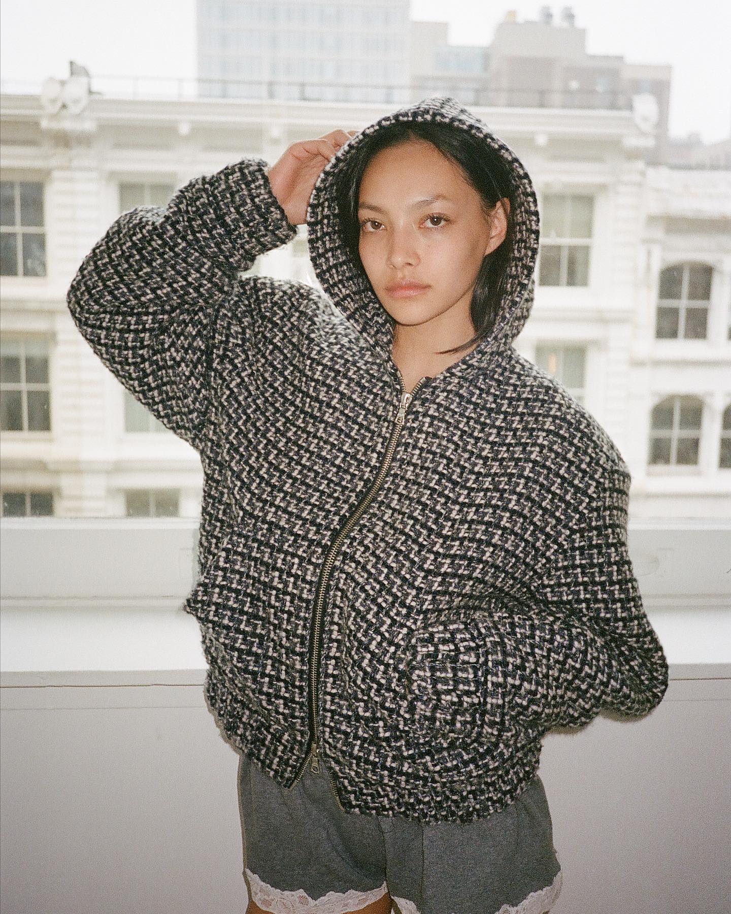 Hooded zip-up jacket in bouclé wool blend, confetti