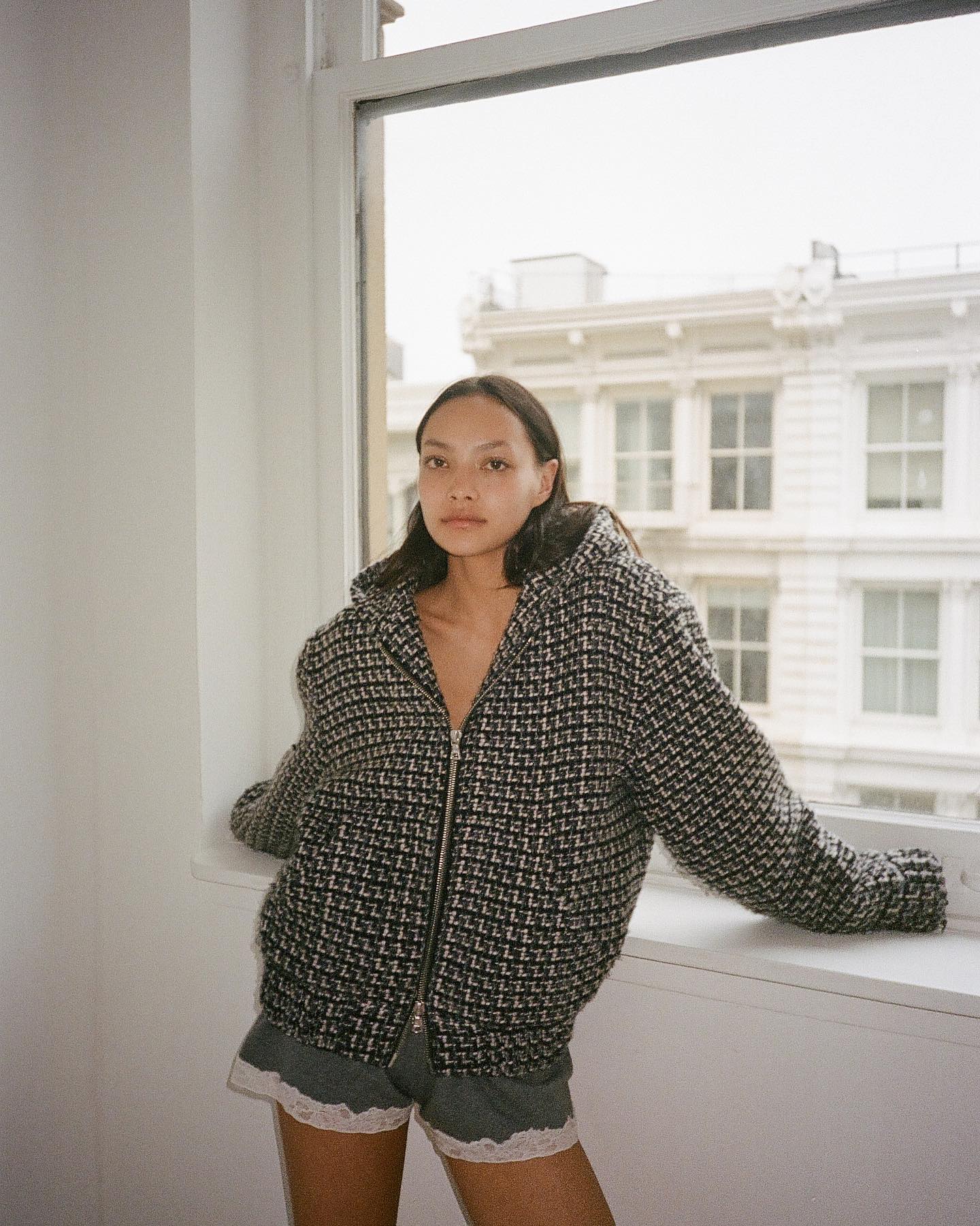 Hooded zip-up jacket in bouclé wool blend, confetti